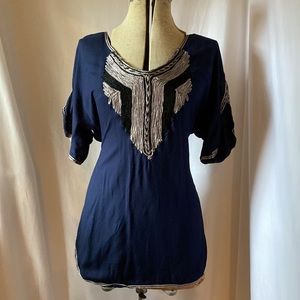 Free People Navy Embroidered V-Neck Tunic